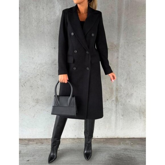 Womens Black Long Wool Coat Double Breasted Trench Coat Fall Winter Clothes - Picture 3 of 3